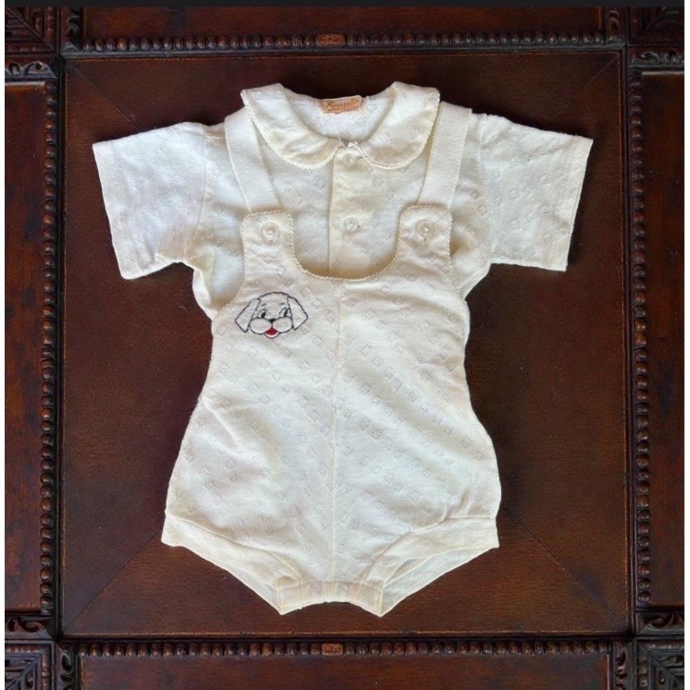 VTG 1940s Ivanta De Luxe Newborn Ivory Baby Knit Romper Set Puppy 2 Piece RARE